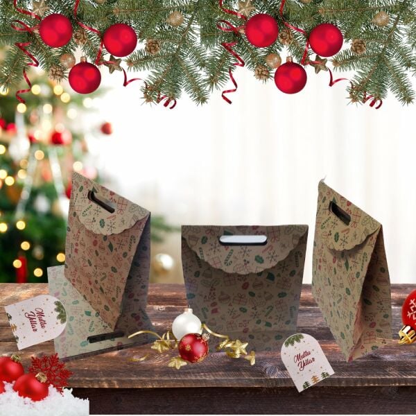 Yılbaşı Temalı El Geçmeli Kraft Hediye Çantası, Yeniyıl Alışveriş, Parti Kutusu,10 Adet, 25x32x12Cm