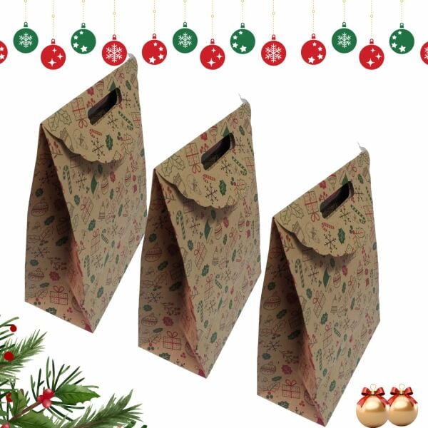 Yılbaşı Temalı El Geçmeli Kraft Hediye Çantası, Yeniyıl Alışveriş, Parti Kutusu,10 Adet, 25x32x12Cm