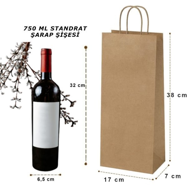 Kraft Şişe Poşeti – Hediye Kağıt Şişe Çantası –25 Adet– 17x38x7 Cm
