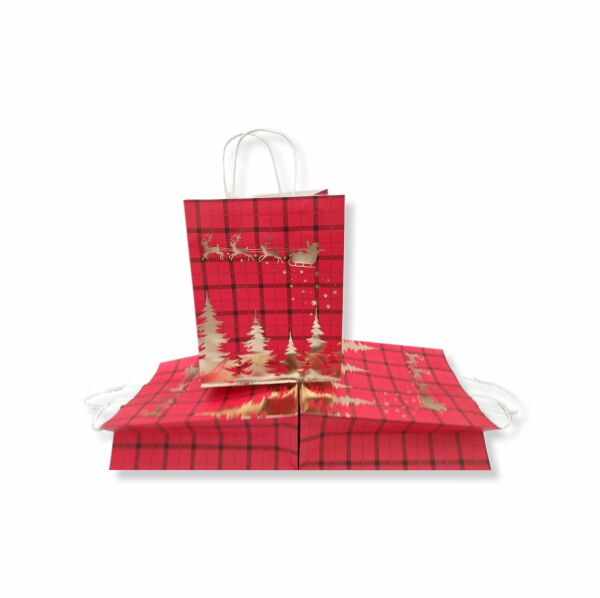 Yeniyıl Yılbaşı Kırmızı Kağıt Çanta Altın Varak Çam 18*23*10 cm 3'lü