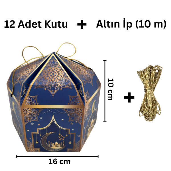 12li Ramazan Hediye Kutusu & Altın İp Seti(10m), Kandil, Şeker ve Çikolata Kutusu, 16x16x10 cm