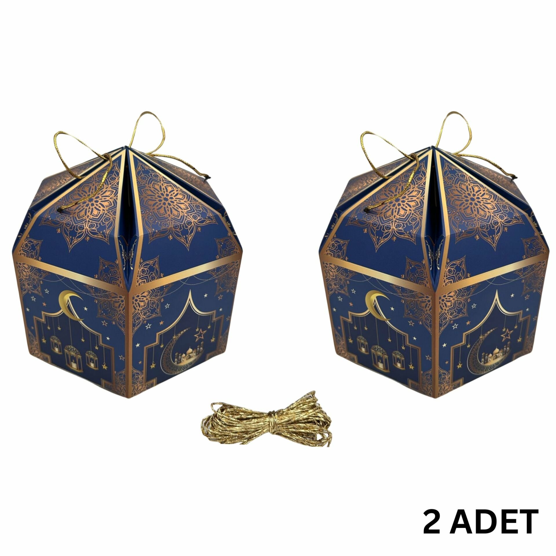 2li Ramazan Hediye Kutusu & Altın İp Seti (10m), Kandil, Şeker ve Çikolata Kutusu, 16x16x10 cm