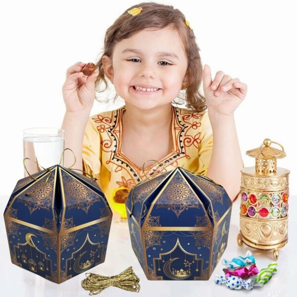2li Ramazan Hediye Kutusu & Altın İp Seti (10m), Kandil, Şeker ve Çikolata Kutusu, 16x16x10 cm