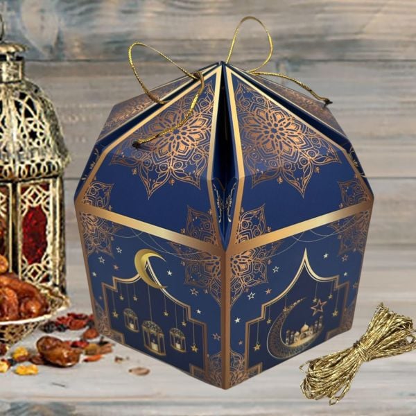 2li Ramazan Hediye Kutusu & Altın İp Seti (10m), Kandil, Şeker ve Çikolata Kutusu, 16x16x10 cm