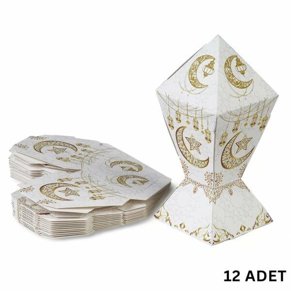 12li Ramazan Şeker Hediye Kutusu, Beyaz&Altın Ay, Yıldız, Fener Tasarımlı Şekerleme Kutusu, 7x7x12C
