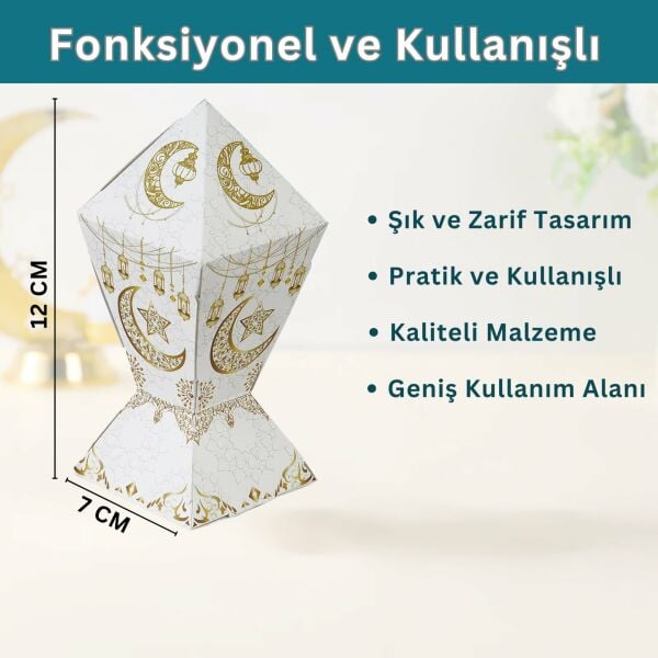 12li Ramazan Şeker Hediye Kutusu, Beyaz&Altın Ay, Yıldız, Fener Tasarımlı Şekerleme Kutusu, 7x7x12C
