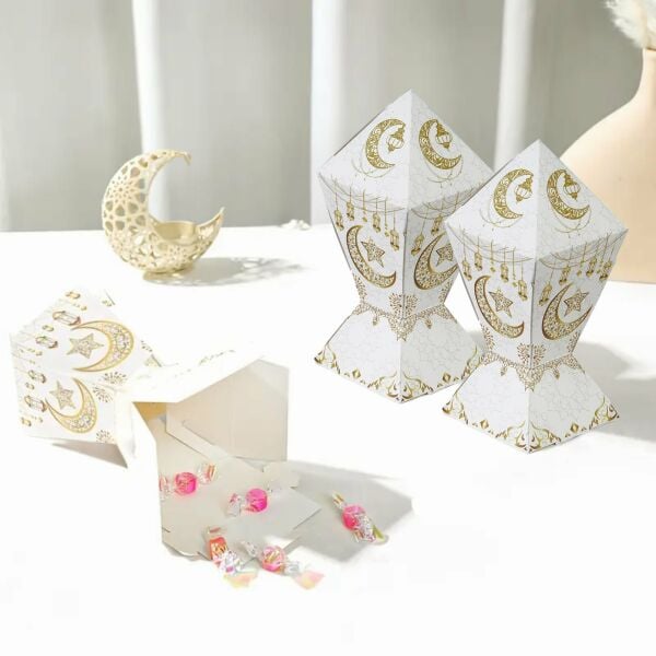 12li Ramazan Şeker Hediye Kutusu, Beyaz&Altın Ay, Yıldız, Fener Tasarımlı Şekerleme Kutusu, 7x7x12C