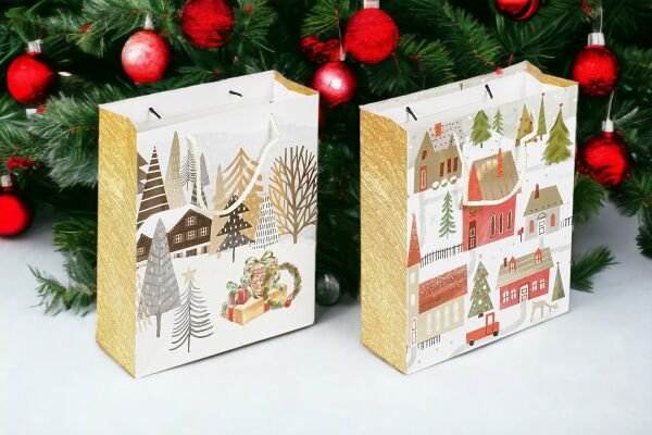 Yılbaşı Yeniyıl Karton Çanta Altın Varak Baskılı 26x32x10 Cm 2 Adet