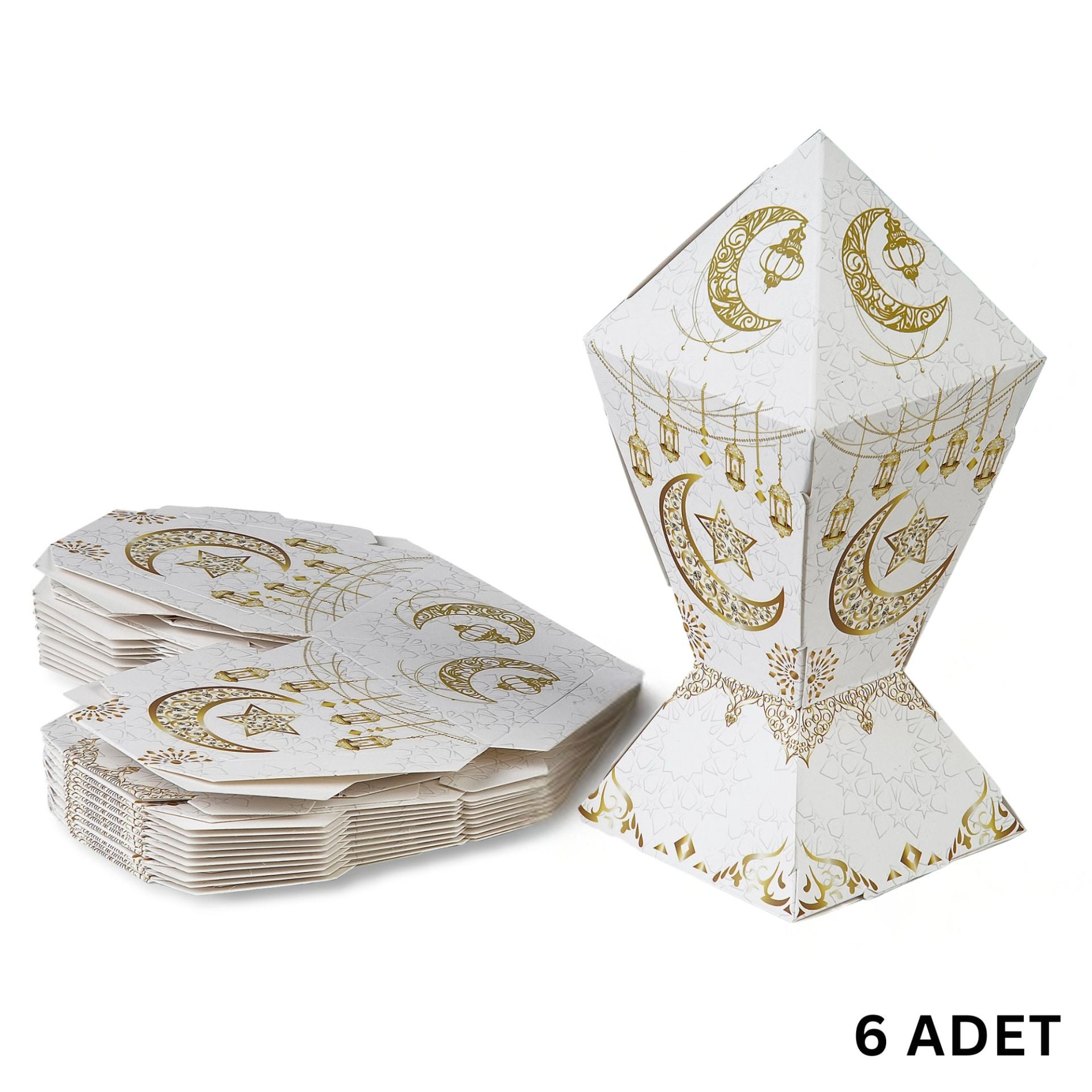 6lı Ramazan Şeker Hediye Kutusu, Beyaz&Altın Ay, Yıldız, Fener Tasarımlı Şekerleme Kutusu, 7x7x12Cm