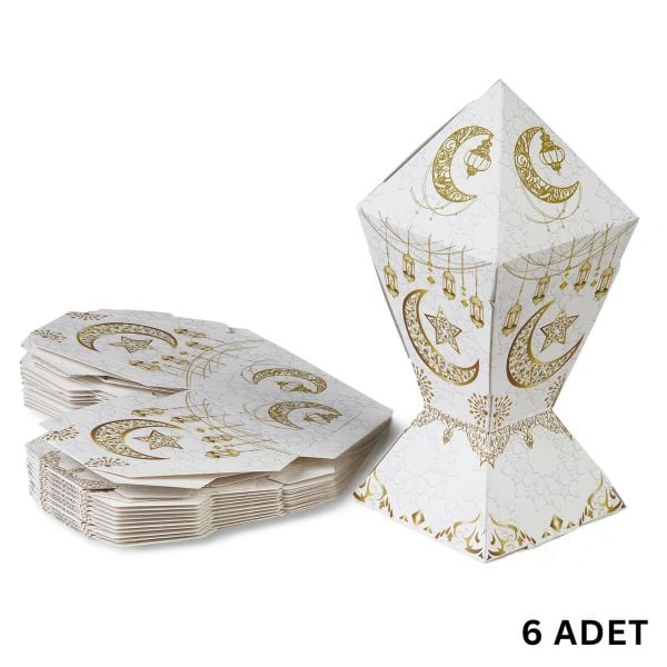 6lı Ramazan Şeker Hediye Kutusu, Beyaz&Altın Ay, Yıldız, Fener Tasarımlı Şekerleme Kutusu, 7x7x12Cm