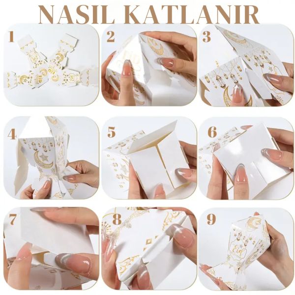 6lı Ramazan Şeker Hediye Kutusu, Beyaz&Altın Ay, Yıldız, Fener Tasarımlı Şekerleme Kutusu, 7x7x12Cm
