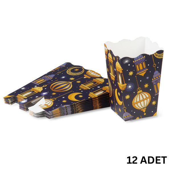 12li Ramazan Temalı Mısır, Şeker Kutusu, Altın Hilal Tasarım Hediye Popcorn Kutu, 6x6x11 Cm,Laciver