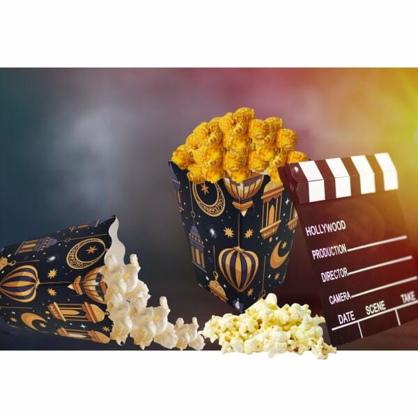 12li Ramazan Temalı Mısır, Şeker Kutusu, Altın Hilal Tasarım Hediye Popcorn Kutu, 6x6x11 Cm,Laciver