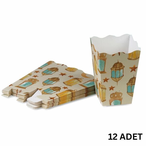 12li Ramazan Temalı Patlamış Mısır, Şeker Kutusu, Hediye Popcorn, Ikram Kutusu, 6x6x11 Cm, Krem Renk