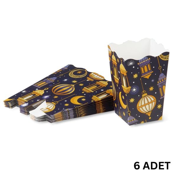 6lı Ramazan Temalı Patlamış Mısır, Şeker Kutusu,  Hediye Popcorn, İkram Kutusu, 6x6x11 Cm, Lacivert