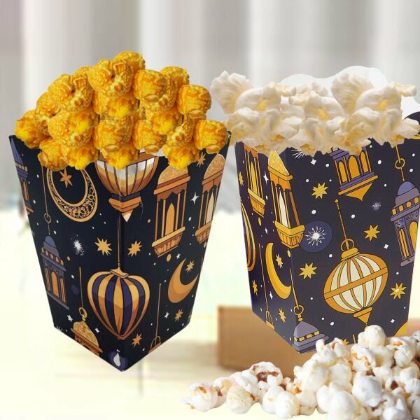 6lı Ramazan Temalı Patlamış Mısır, Şeker Kutusu,  Hediye Popcorn, İkram Kutusu, 6x6x11 Cm, Lacivert