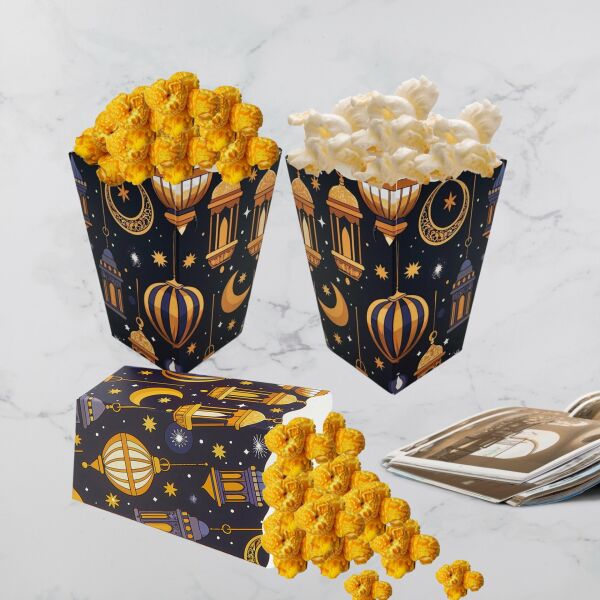 6lı Ramazan Temalı Patlamış Mısır, Şeker Kutusu,  Hediye Popcorn, İkram Kutusu, 6x6x11 Cm, Lacivert