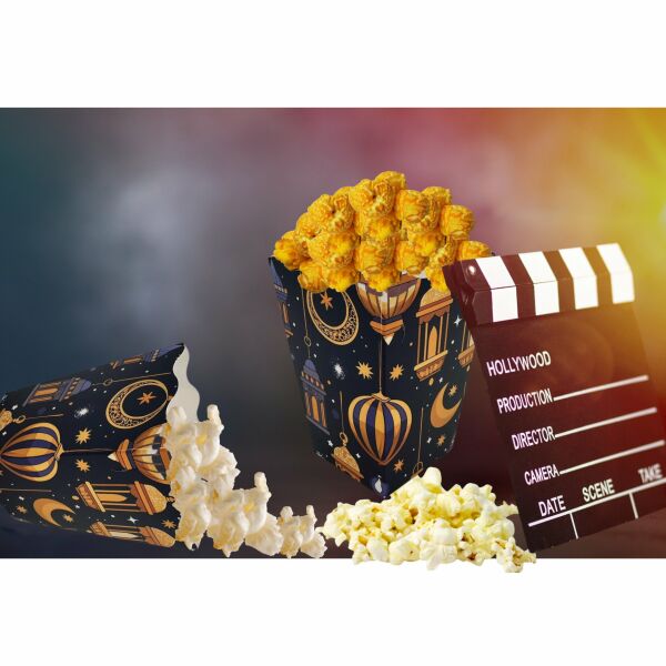 6lı Ramazan Temalı Patlamış Mısır, Şeker Kutusu,  Hediye Popcorn, İkram Kutusu, 6x6x11 Cm, Lacivert