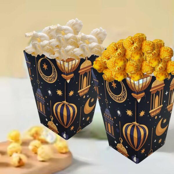 6lı Ramazan Temalı Patlamış Mısır, Şeker Kutusu,  Hediye Popcorn, İkram Kutusu, 6x6x11 Cm, Lacivert