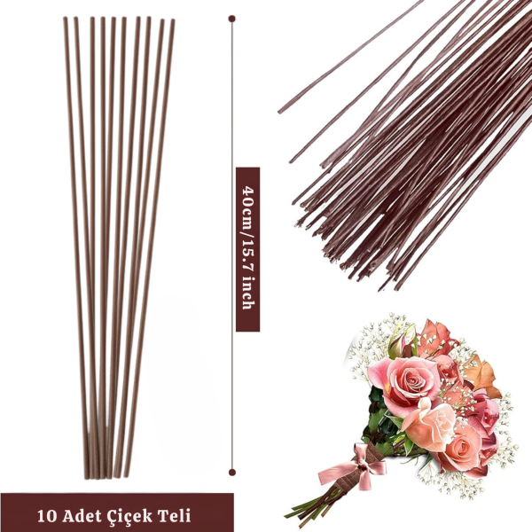 Yapay Çiçek Teli, Çiçek Aranjman Yapım Teli - 2 mm, 10 Adet - 40 cm - Kahverengi