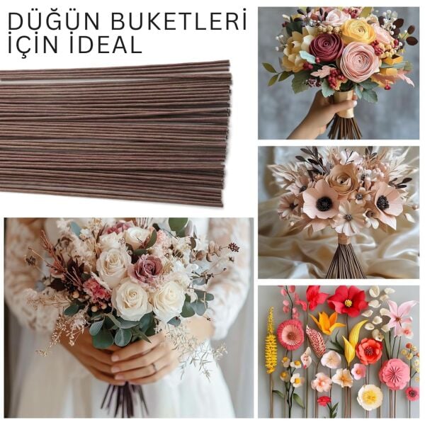 Yapay Çiçek Teli, Çiçek Aranjman Yapım Teli - 2 mm, 10 Adet - 40 cm - Kahverengi