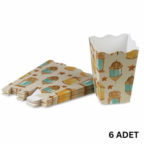 6lı Ramazan Temalı Patlamış Mısır, Şeker Kutusu, Hediye Popcorn, İkram Kutusu, 6x6x11 Cm, Krem Renk
