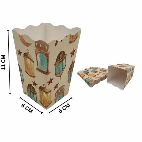 6lı Ramazan Temalı Patlamış Mısır, Şeker Kutusu, Hediye Popcorn, İkram Kutusu, 6x6x11 Cm, Krem Renk