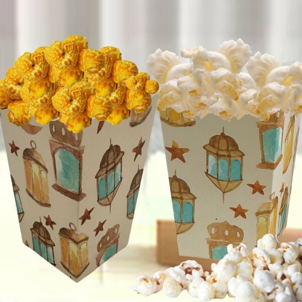 6lı Ramazan Temalı Patlamış Mısır, Şeker Kutusu, Hediye Popcorn, İkram Kutusu, 6x6x11 Cm, Krem Renk