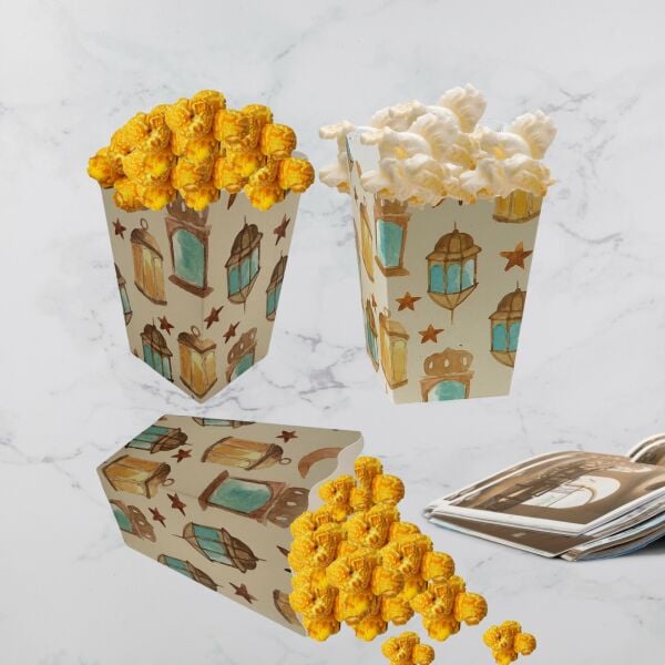 6lı Ramazan Temalı Patlamış Mısır, Şeker Kutusu, Hediye Popcorn, İkram Kutusu, 6x6x11 Cm, Krem Renk