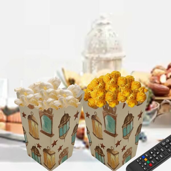 6lı Ramazan Temalı Patlamış Mısır, Şeker Kutusu, Hediye Popcorn, İkram Kutusu, 6x6x11 Cm, Krem Renk