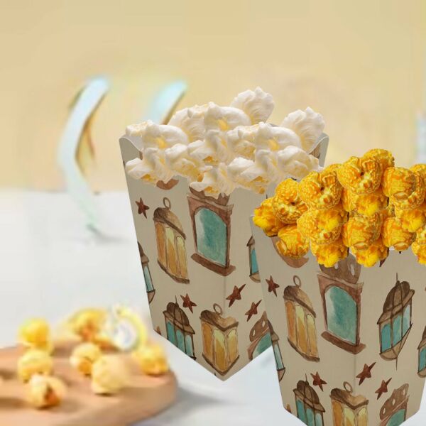 6lı Ramazan Temalı Patlamış Mısır, Şeker Kutusu, Hediye Popcorn, İkram Kutusu, 6x6x11 Cm, Krem Renk