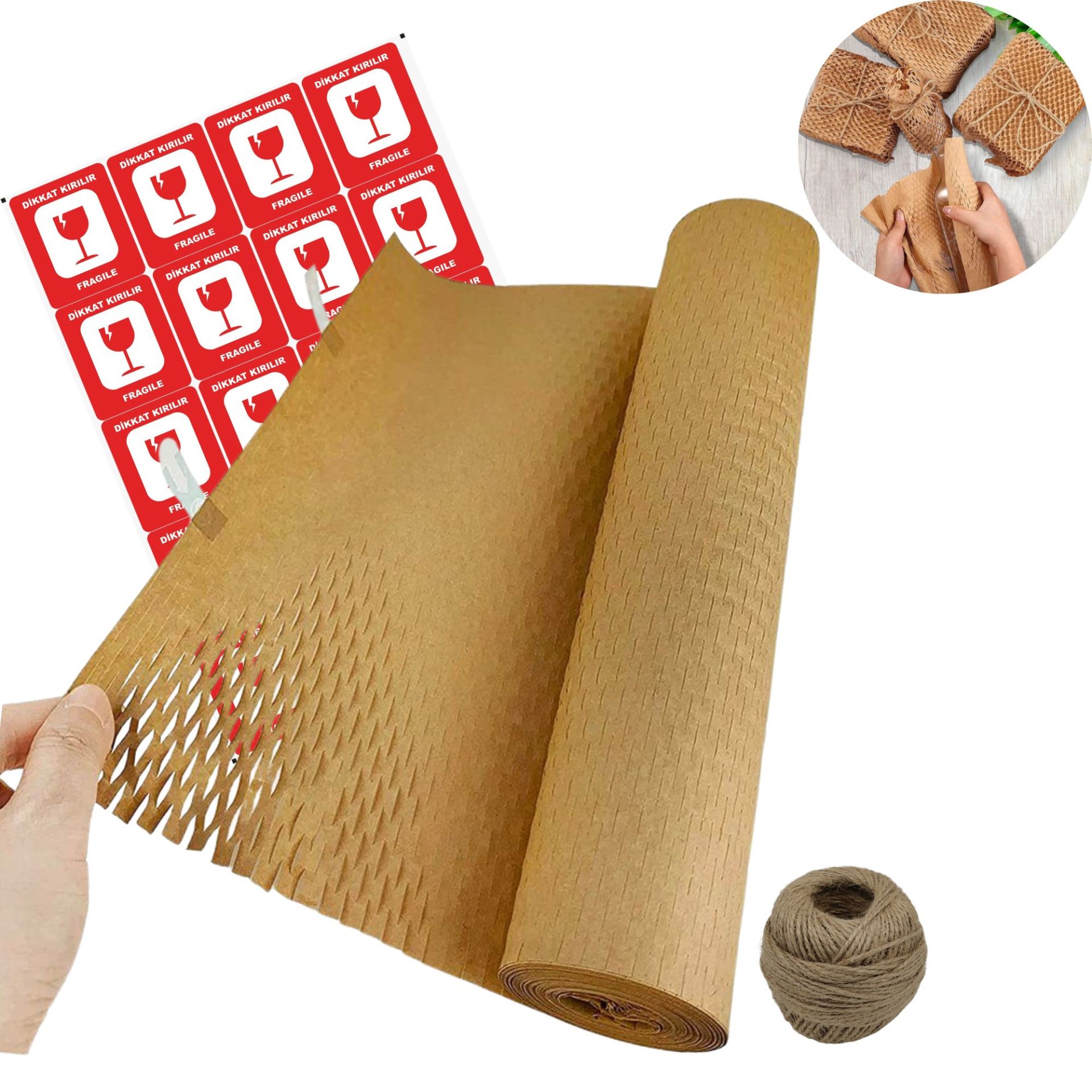 Kraft Petek Ambalaj ve Paketleme Kağıdı (38CMx50M) ve 20 Adet Kırılır Etiketi & 100M Jüt İp Seti