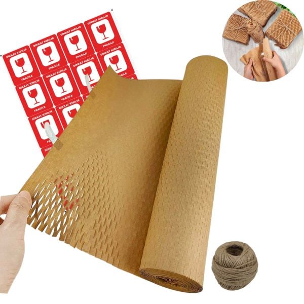 Kraft Petek Ambalaj ve Paketleme Kağıdı (38CMx50M) ve 20 Adet Kırılır Etiketi & 100M Jüt İp Seti