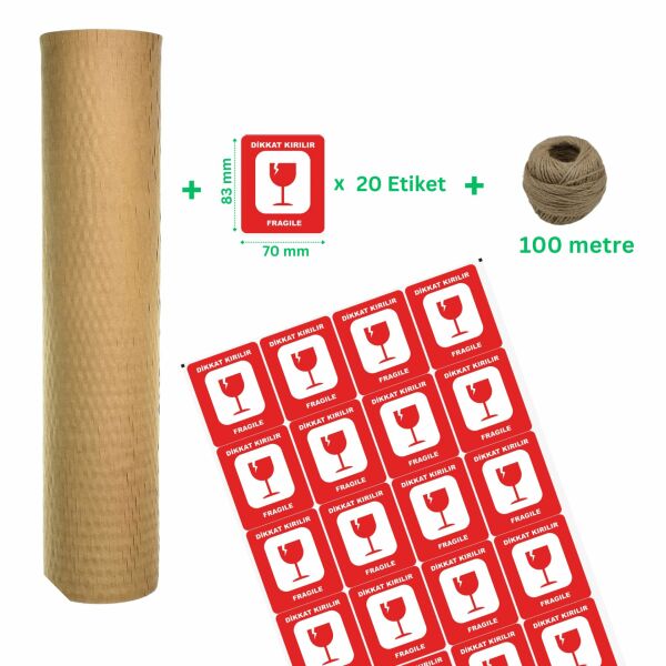 Kraft Petek Ambalaj ve Paketleme Kağıdı (38CMx50M) ve 20 Adet Kırılır Etiketi & 100M Jüt İp Seti