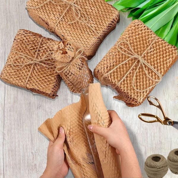 Kraft Petek Ambalaj ve Paketleme Kağıdı (38CMx50M) ve 20 Adet Kırılır Etiketi & 100M Jüt İp Seti