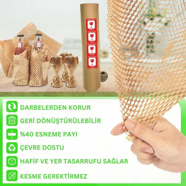 Kraft Petek Ambalaj ve Paketleme Kağıdı (38CMx50M) ve 20 Adet Kırılır Etiketi & 100M Jüt İp Seti