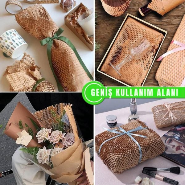 Kraft Petek Ambalaj ve Paketleme Kağıdı (38CMx50M) ve 20 Adet Kırılır Etiketi & 100M Jüt İp Seti
