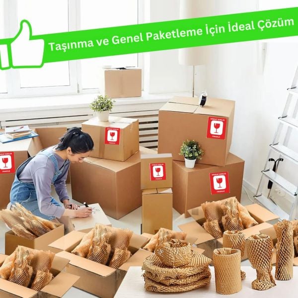 Kraft Petek Ambalaj ve Paketleme Kağıdı (38CMx50M) ve 20 Adet Kırılır Etiketi & 100M Jüt İp Seti