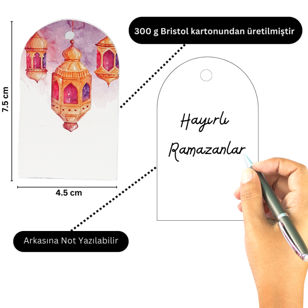 Ramazan Temalı Hediye, Tebrik Kartı, Delikli Ambalaj Paketleme Etiketi, 4.5x7.5 Cm, 25 Adet