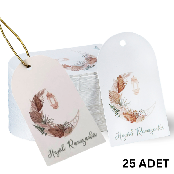 Hayırlı Ramazanlar Yazılı Hediye, Tebrik Kartı, Delikli Ambalaj Paketleme Etiketi, 4.5x7.5Cm,25 Ade