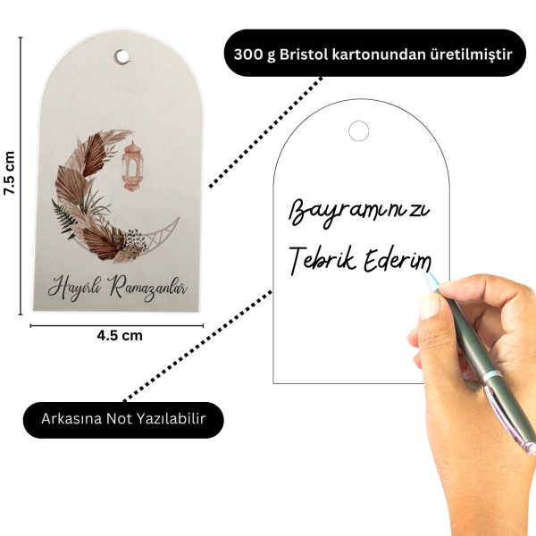 Hayırlı Ramazanlar Yazılı Hediye, Tebrik Kartı, Delikli Ambalaj Paketleme Etiketi, 4.5x7.5Cm,25 Ade