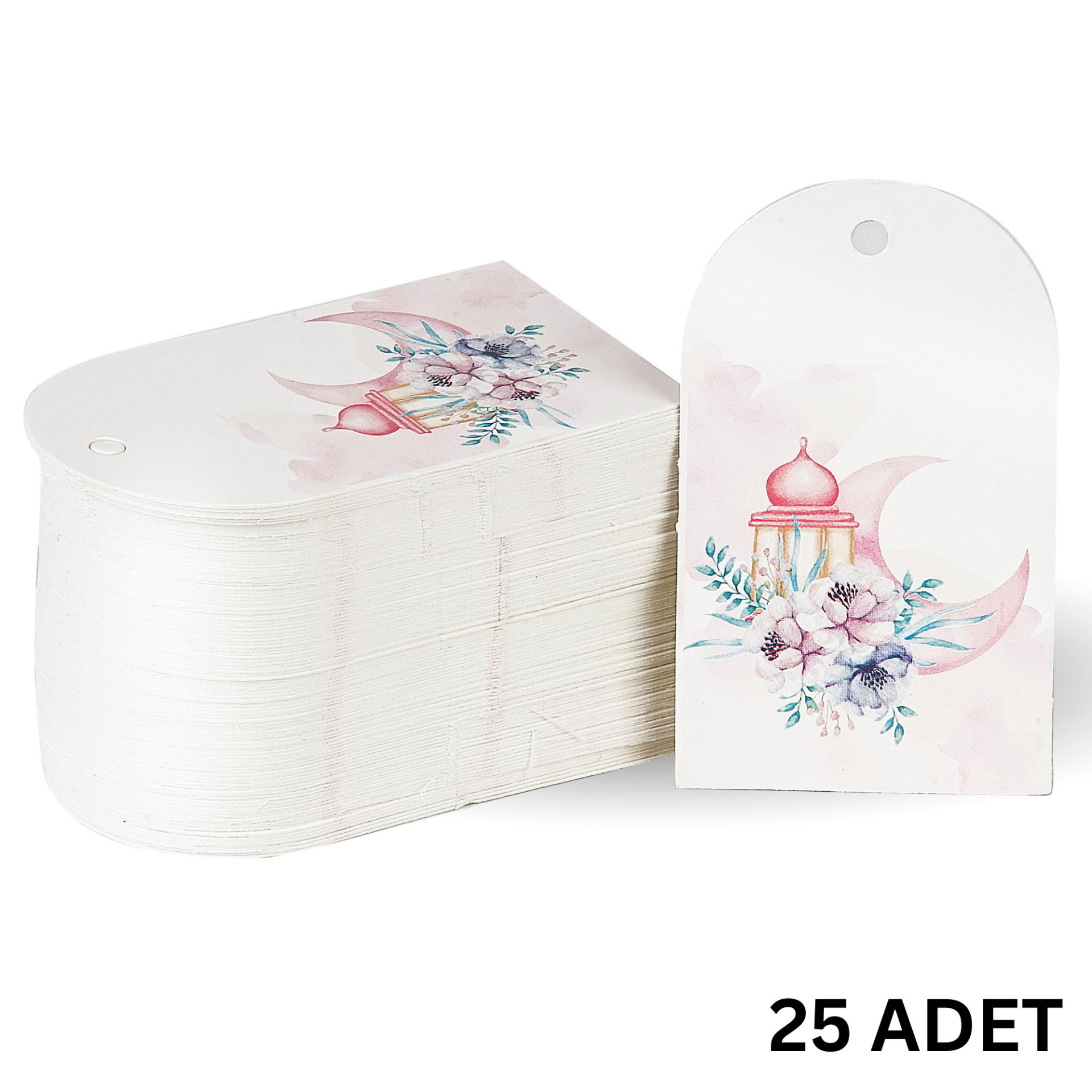 Ramazan Hilal Temalı Hediye, Tebrik Kartı, Delikli Ambalaj Paketleme Etiketi, 4.5x7.5 Cm, 25 Adet