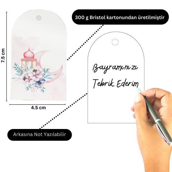 Ramazan Hilal Temalı Hediye, Tebrik Kartı, Delikli Ambalaj Paketleme Etiketi, 4.5x7.5 Cm, 25 Adet