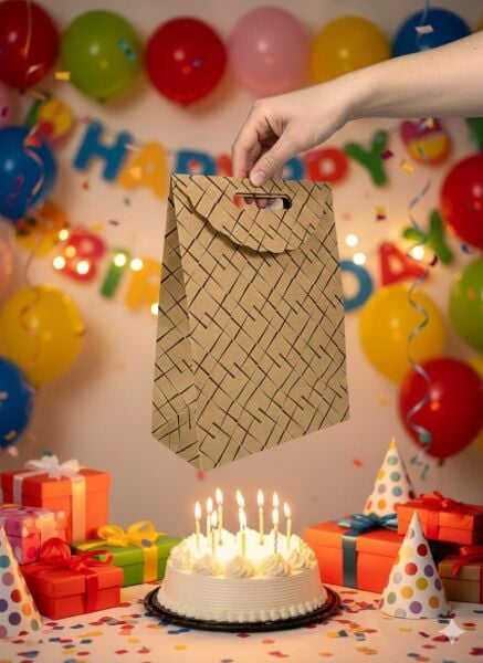 Kraft El Geçme Çanta, Siyah Çizgili Hediye & Parti ve Butik Alışveriş Kutusu, 6 Adet, 25x38x12 cm