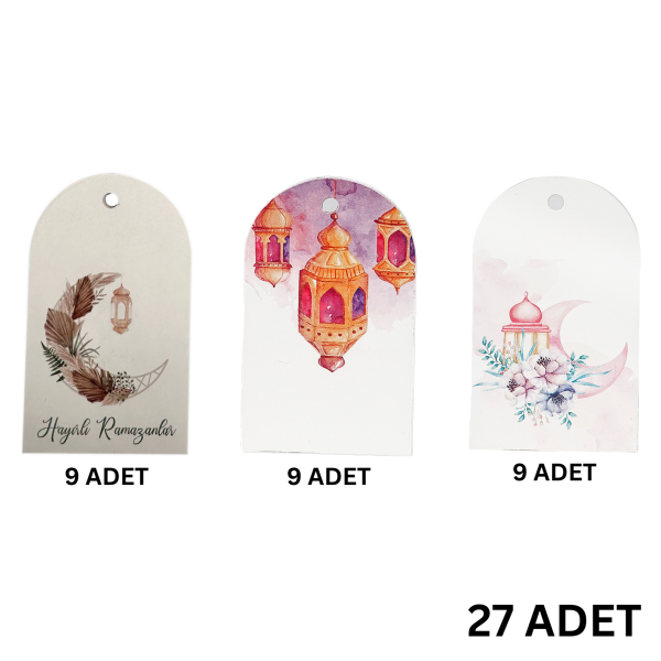 3lü Ramazan Temalı Hediye, Tebrik Kartı Seti, Delikli Ambalaj Paketleme Etiketleri, 4.5x7.5 Cm, 27