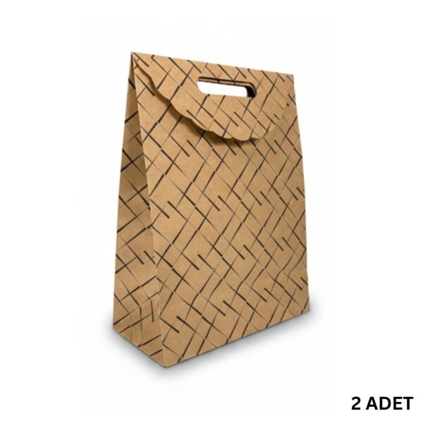 Kraft El Geçme Çanta, 2 Adet, Siyah Çizgili Hediye & Parti ve Butik Alışveriş Kutusu, 25x38x12 cm