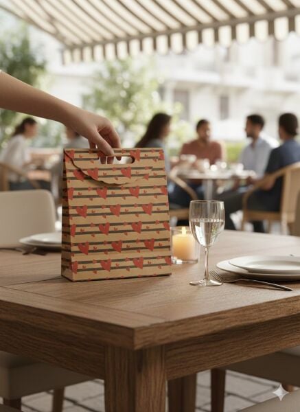 Kraft El Geçme Çanta, Kalp Desenli Hediye & Parti ve Butik Alışveriş Kutusu,10 Adet, 25x38x12 cm