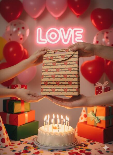 Kalp Desenli El Geçme Çanta,  Kraft Hediye & Parti ve Butik Alışveriş Kutusu, 6 Adet, 25x38x12 Cm