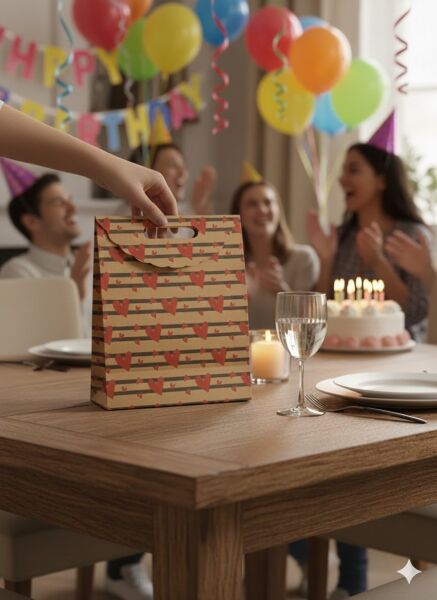 Kalp Desenli El Geçme Çanta,  Kraft Hediye & Parti ve Butik Alışveriş Kutusu, 6 Adet, 25x38x12 Cm