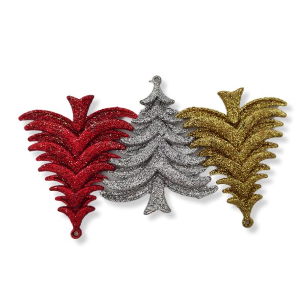 Yeni Yıl Yılbaşı Simli Çam 3 Adet - Kırmızı Gümüş Altın - 9x8 Cm